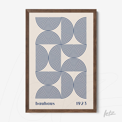 1923 bauhaus style wall art featuring navy blue concentric circles in a dark wood frame