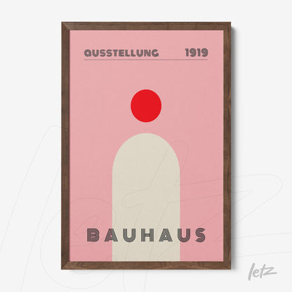 bauhaus style poster print with minimalist geometric shapes and dark wooden frame