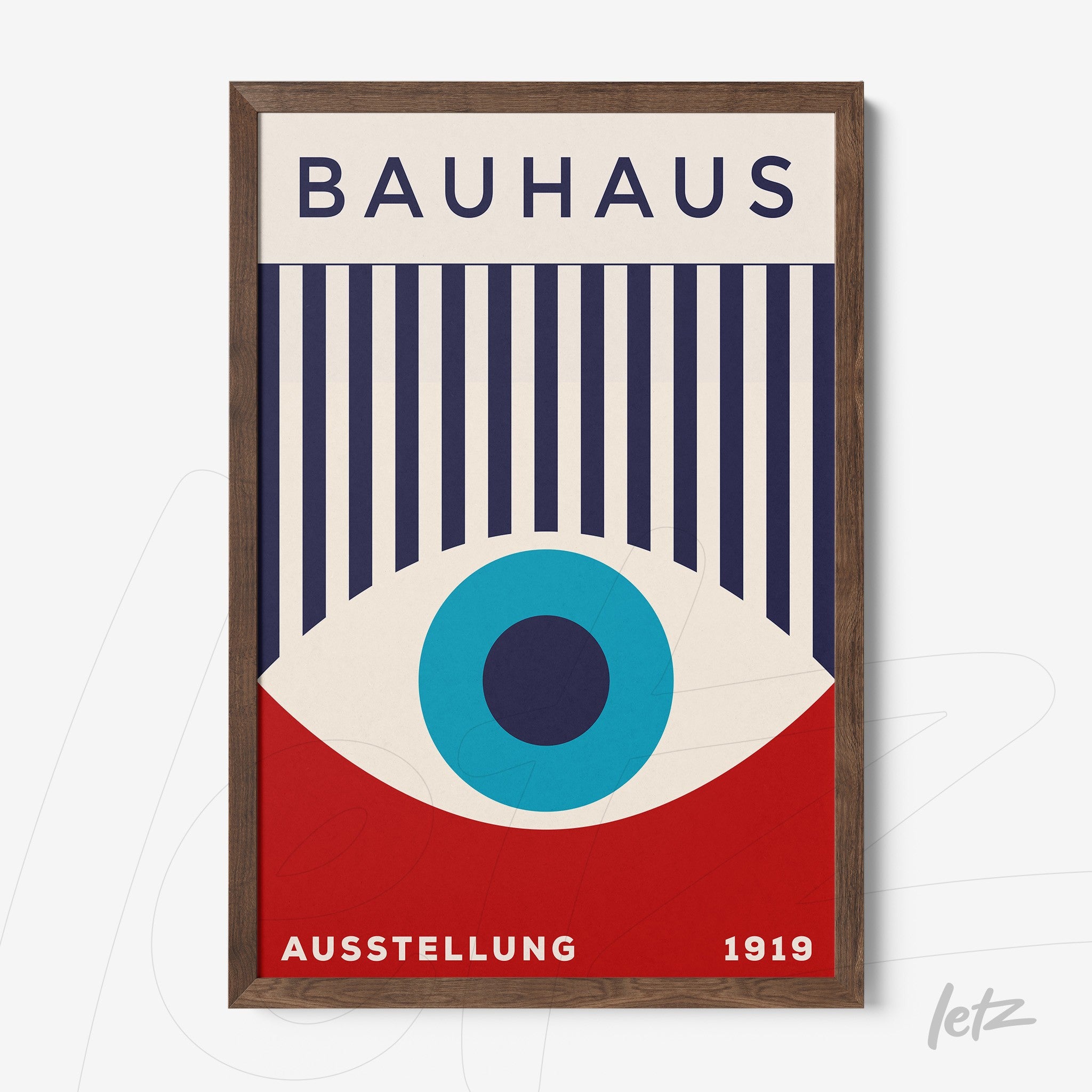 bauhaus style framed artwork featuring a large central blue eye and vertical lines with dark wooden frame