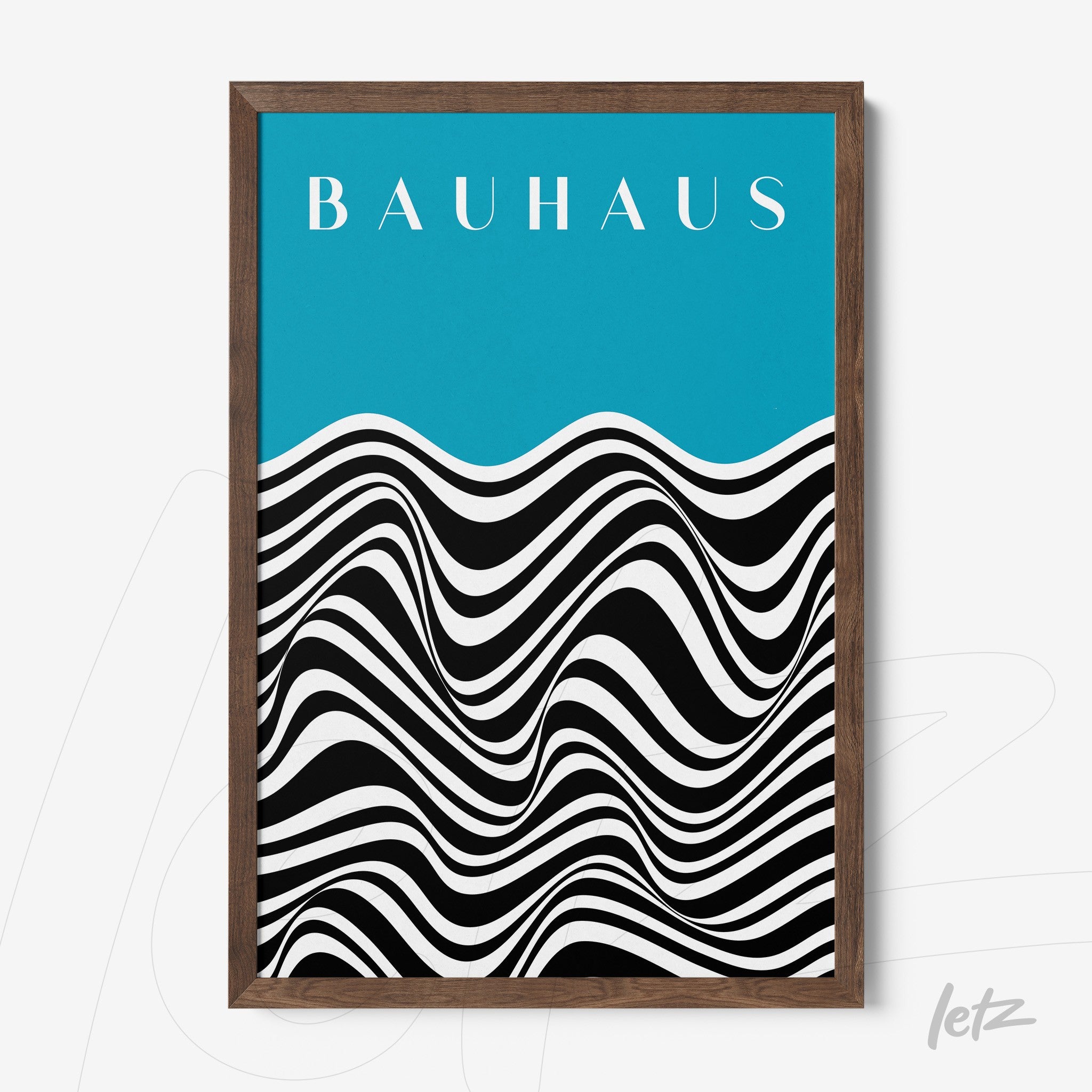 printed poster featuring black and white wave design on blue background, framed in dark wood