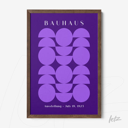 poster print with purple Bauhaus-style geometric art in dark wood frame