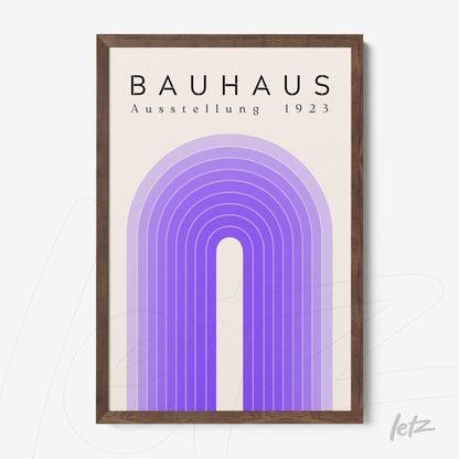 poster print of bauhaus ausstellung 1923 featuring purple arches in a dark wood frame
