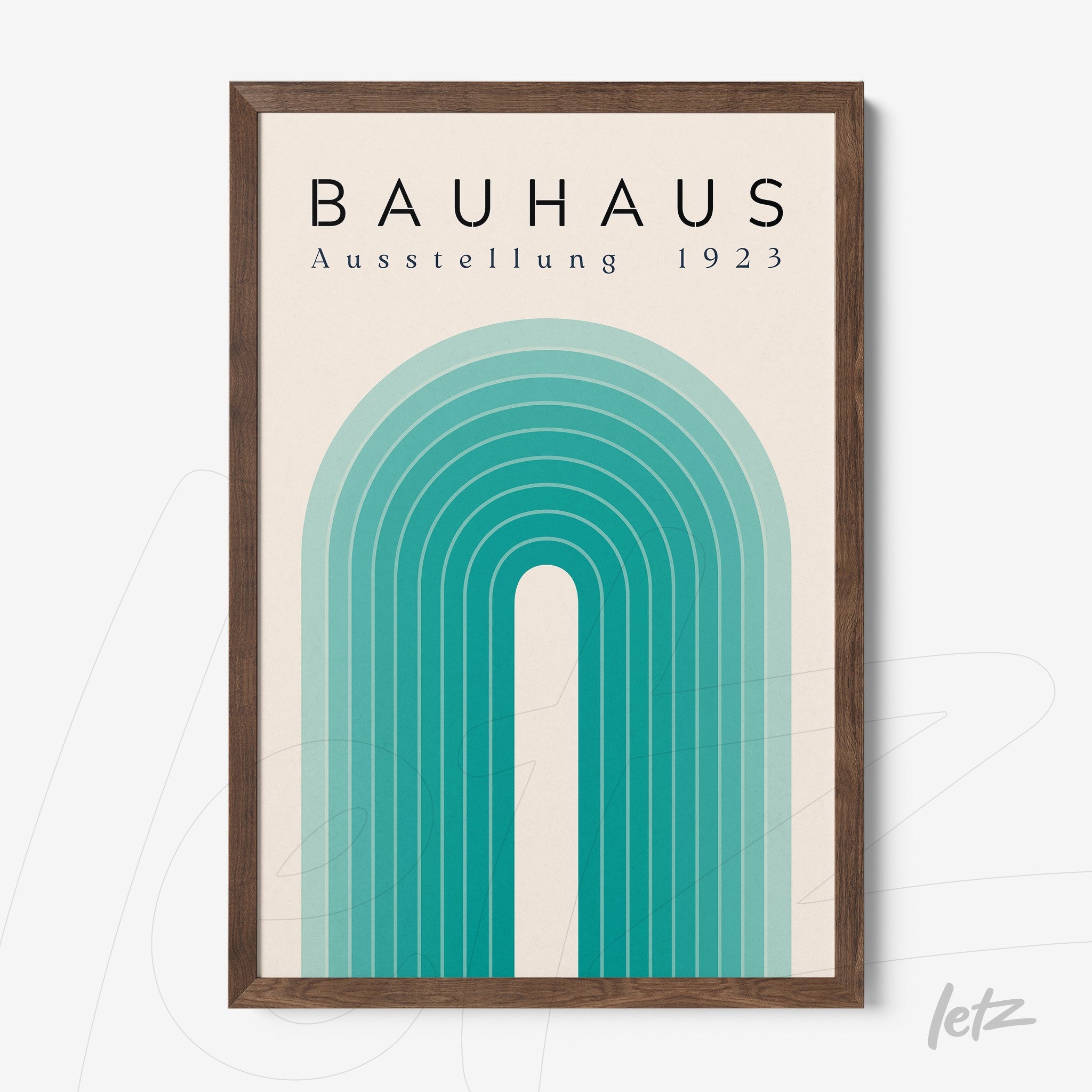 poster print with geometric Bauhaus style design featuring a blue toned arch and brown frame