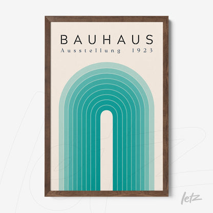 poster print with geometric Bauhaus style design featuring a blue toned arch and brown frame