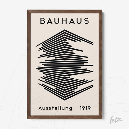 poster featuring geometric Bauhaus style art from 1919 in dark wood frame