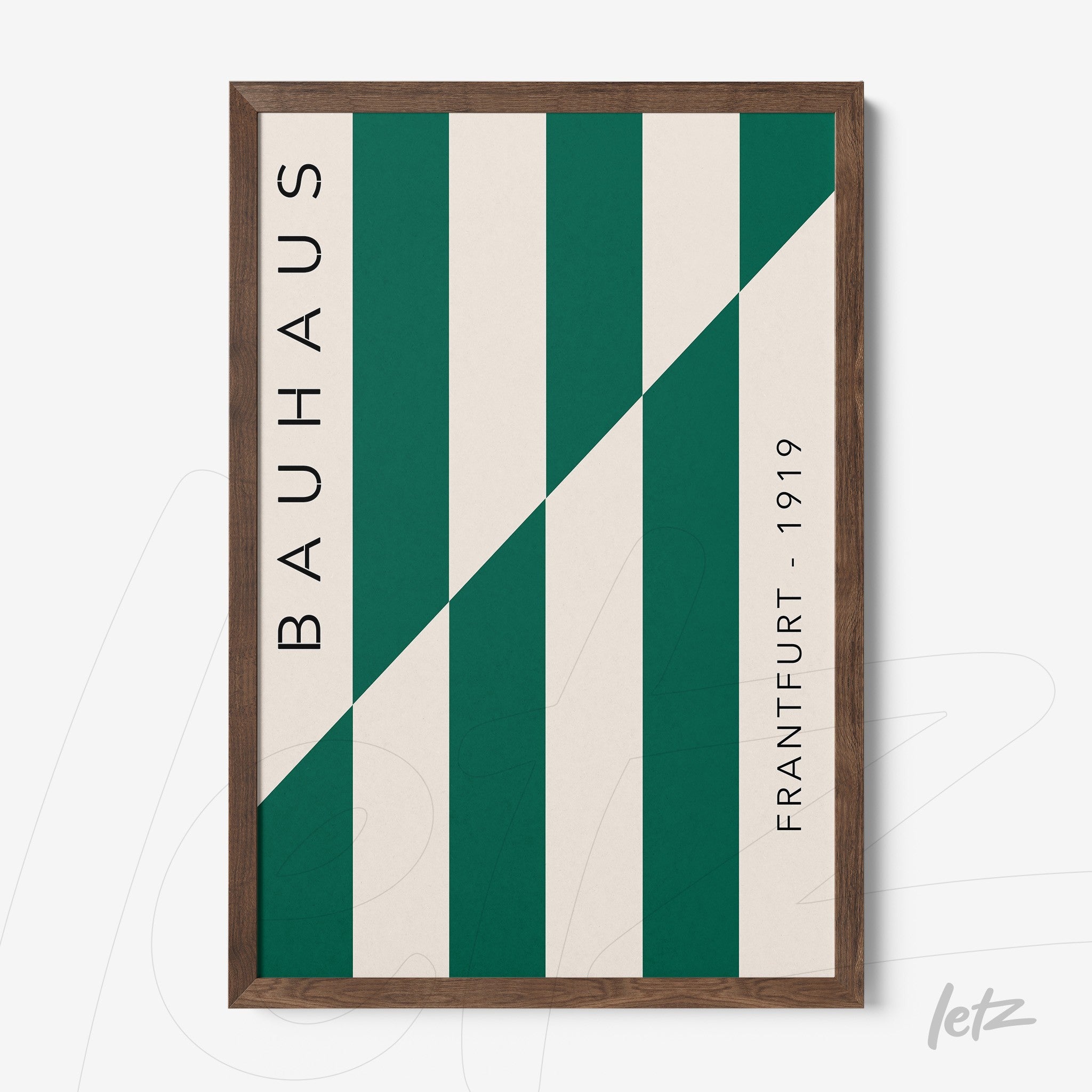 canvas print featuring green and white geometric bauhaus style art with dark wood frame