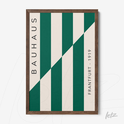 canvas print featuring green and white geometric bauhaus style art with dark wood frame