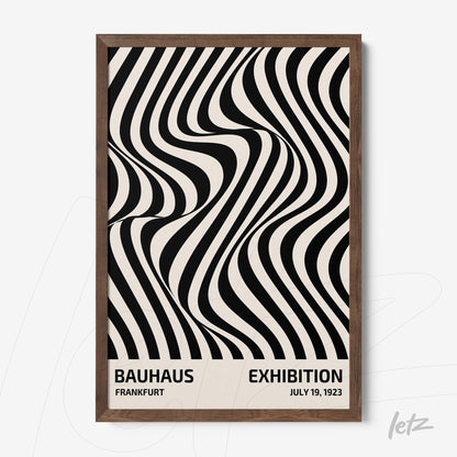 framed wall art with bauhaus style geometric pattern featuring black and white wavy lines, dark wood frame