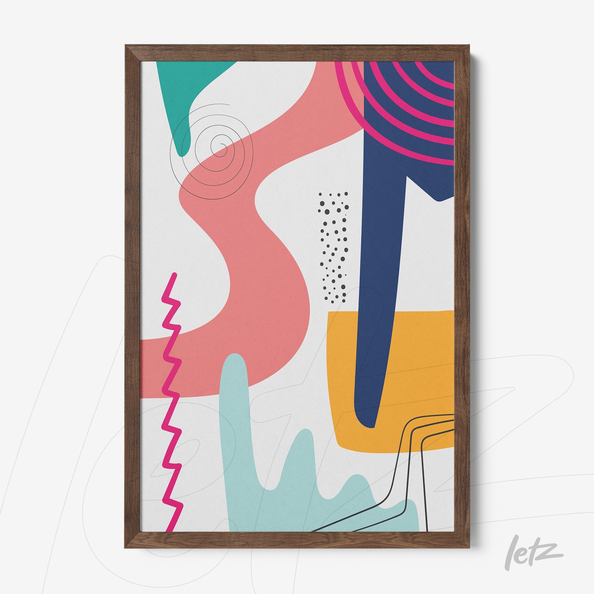 quadro abstrato colorido com formas geométricas em moldura de madeira