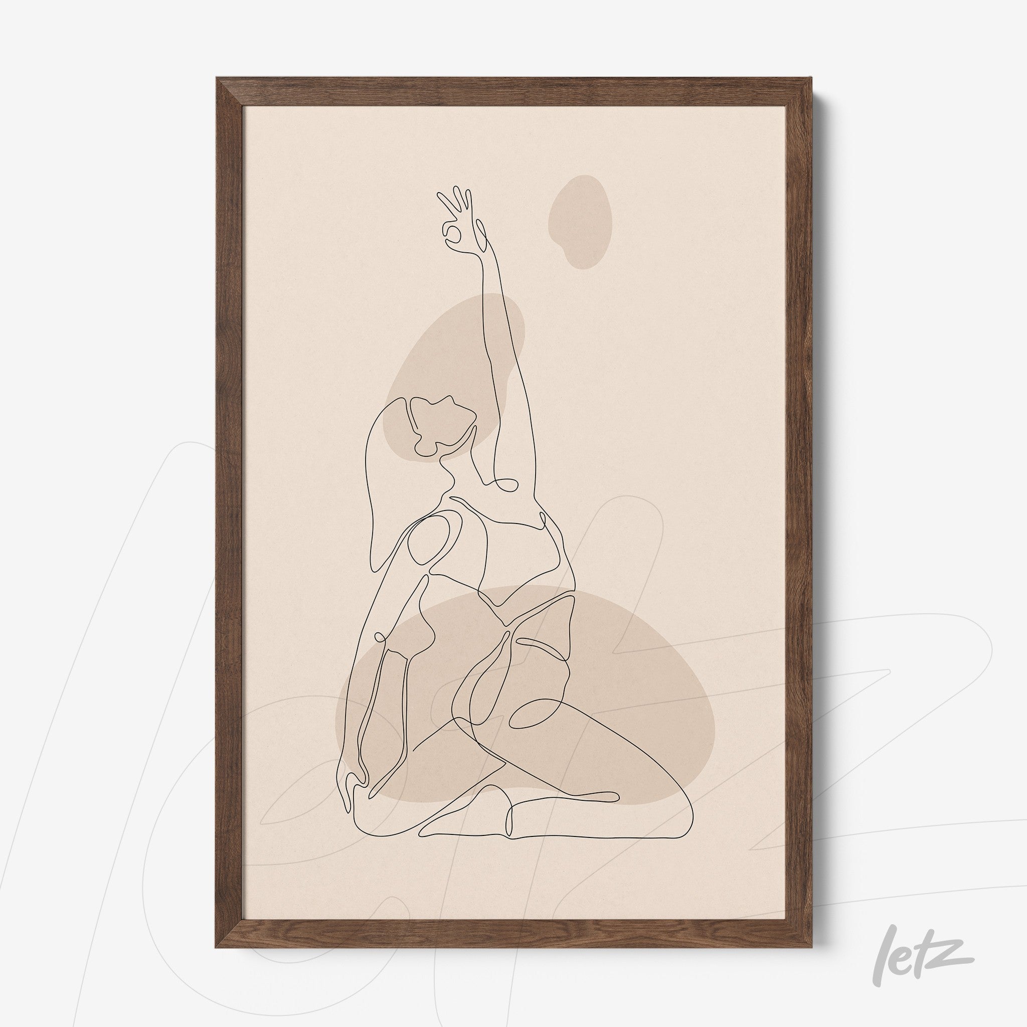 framed line art of a woman in yoga pose with wooden frame