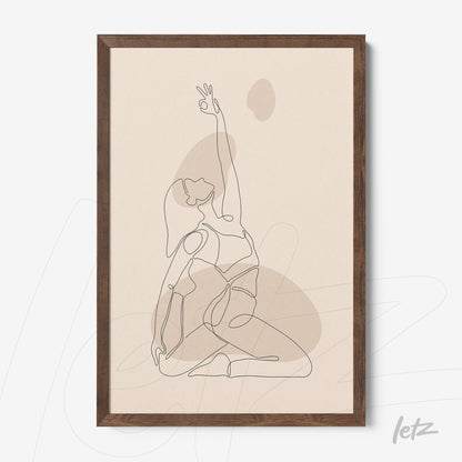 framed line art of a woman in yoga pose with wooden frame