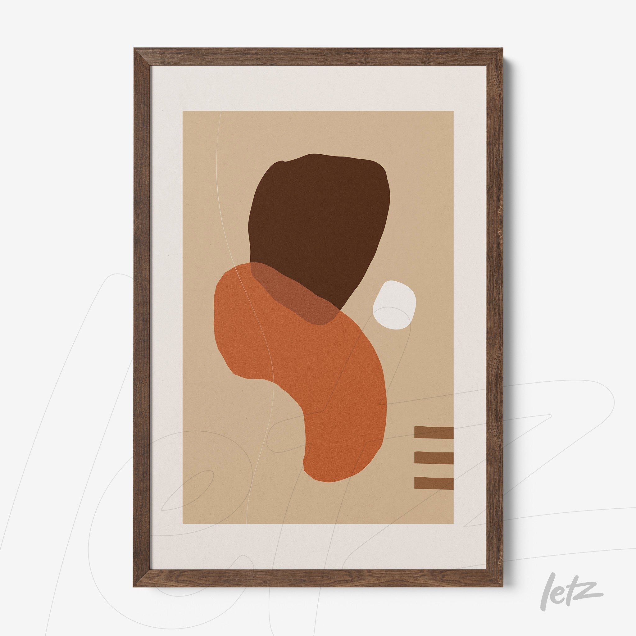 abstract artwork with organic shapes in earthy tones framed with dark wood