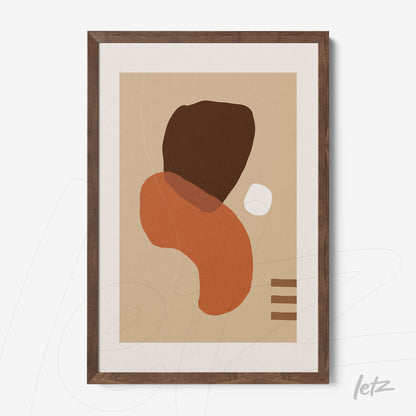 abstract artwork with organic shapes in earthy tones framed with dark wood