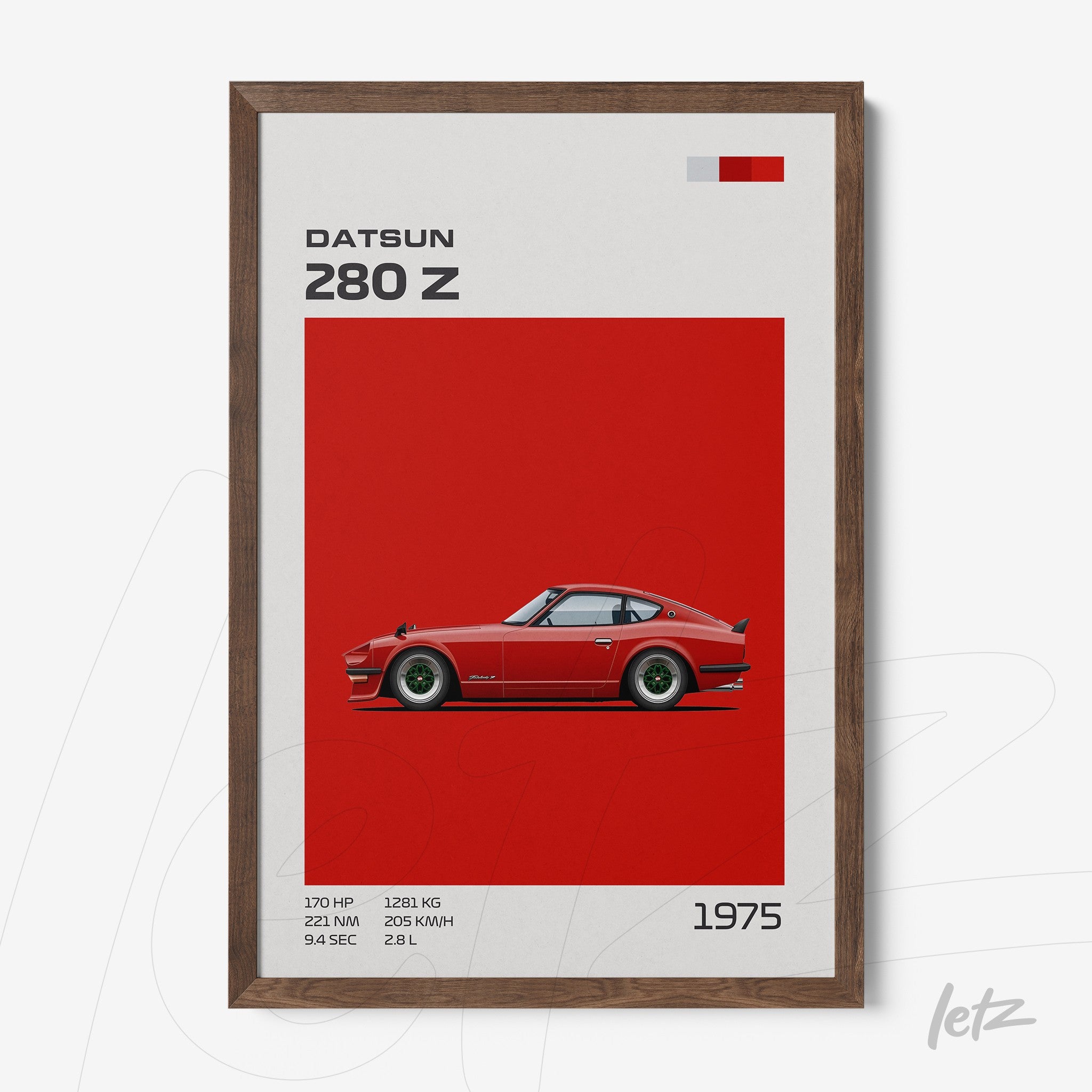 framed wall art featuring a digital illustration of a Datsun 280 Z on a red background with dark wood frame