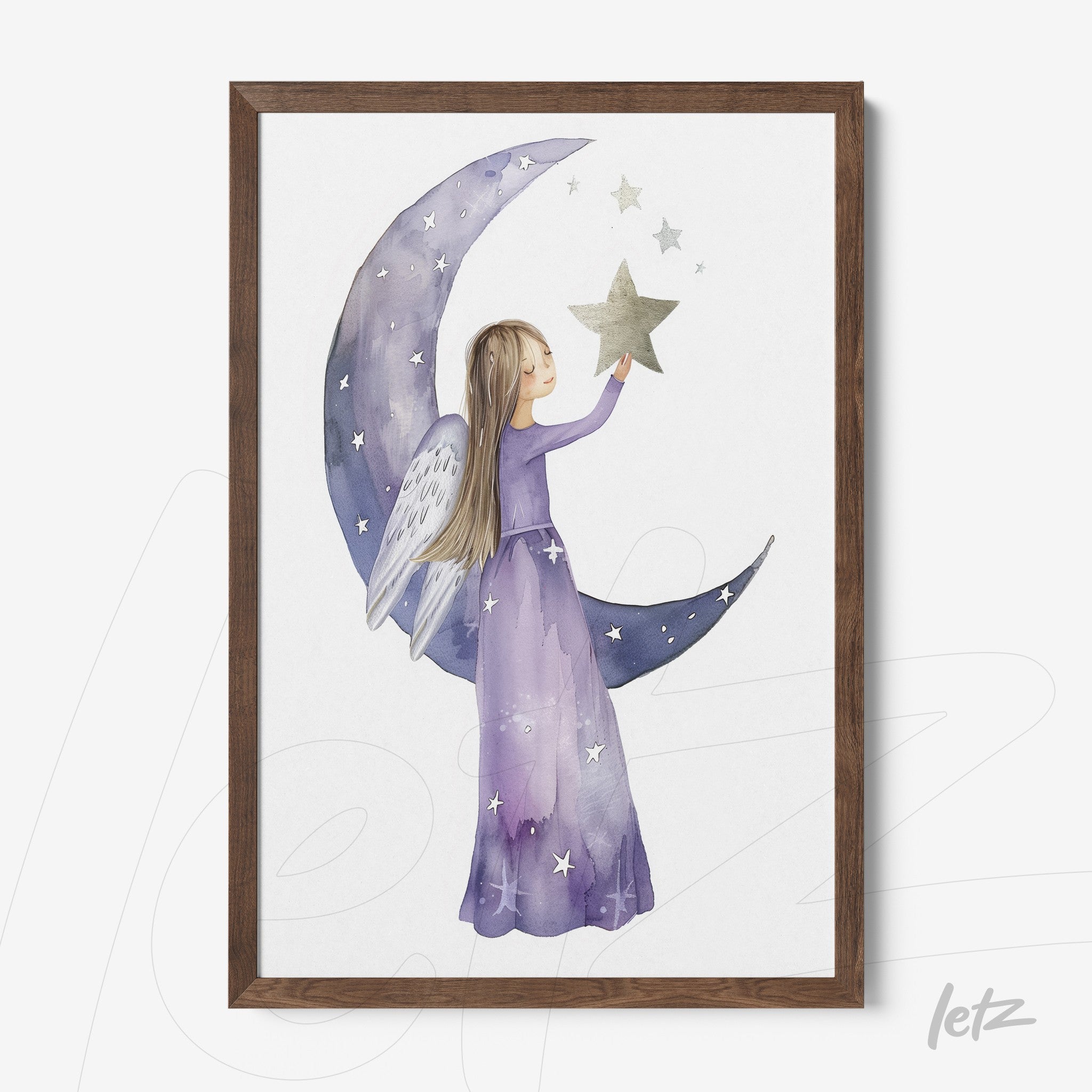 framed art of a girl with angel wings reaching for a star against a crescent moon and stars background with dark wood frame