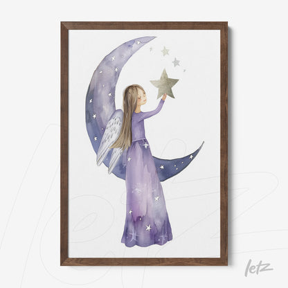 framed art of a girl with angel wings reaching for a star against a crescent moon and stars background with dark wood frame