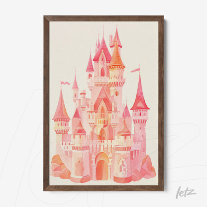framed digital art of a pink and orange castle illustration with dark wood frame