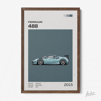 framed artwork of Ferrari 488 car illustration on blue background with dark wood frame