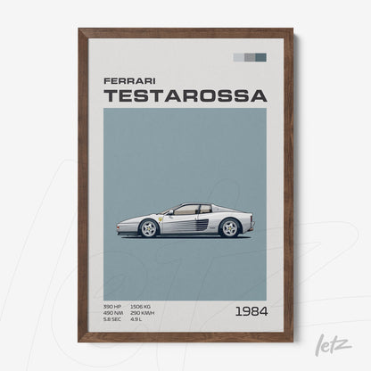 framed vintage illustration of Ferrari Testarossa car with dark wood frame