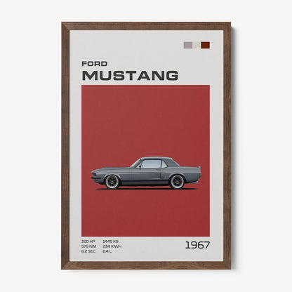 minimalist framed art of 1967 ford mustang with dark wood frame against a red background