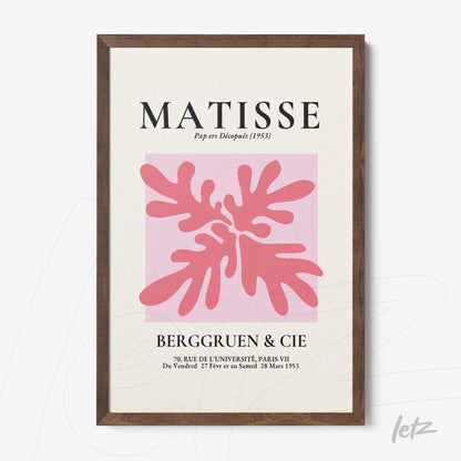 framed vintage style modern art with pink background and organic red shapes, dark wooden frame