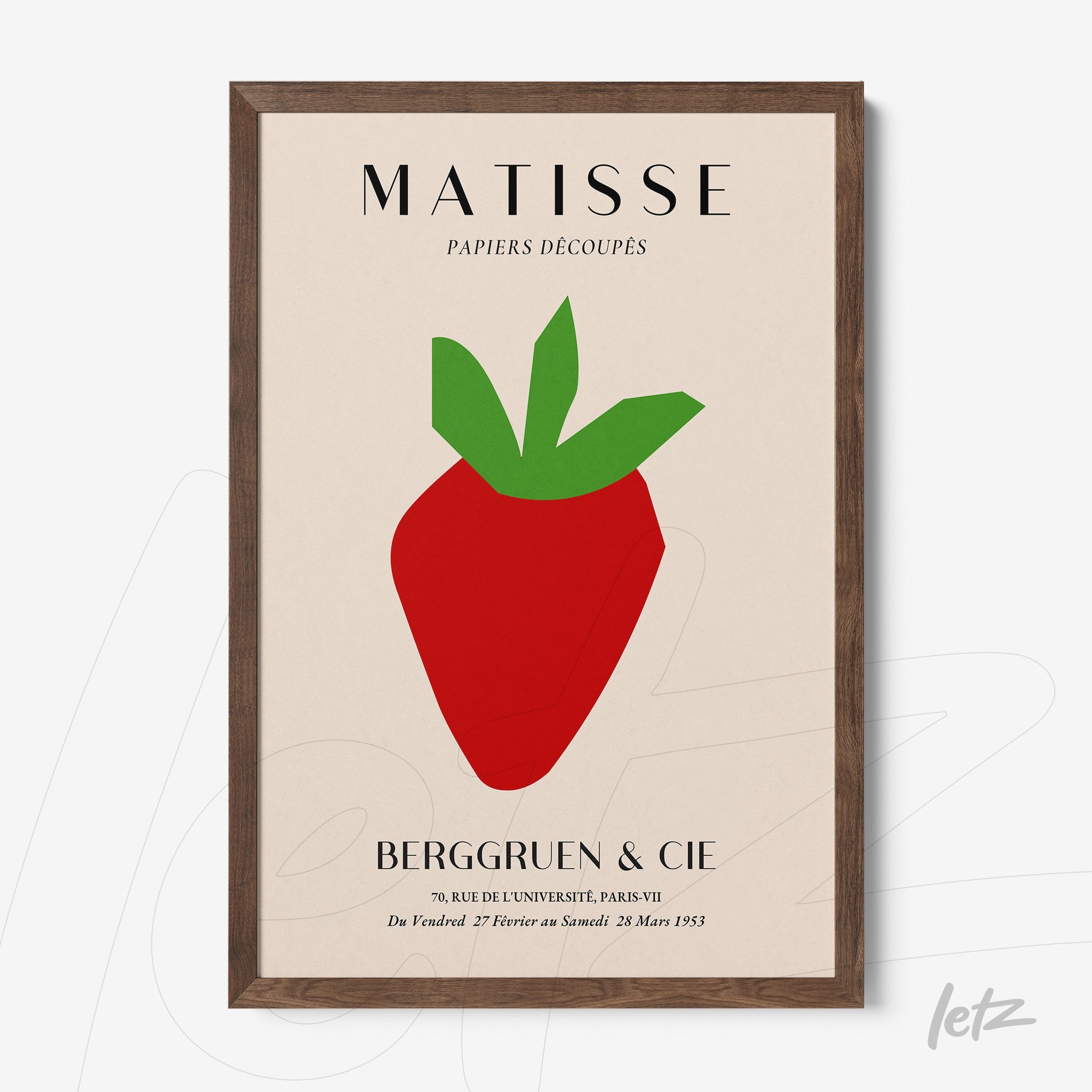 framed modern art print of a stylized strawberry with dark wooden frame