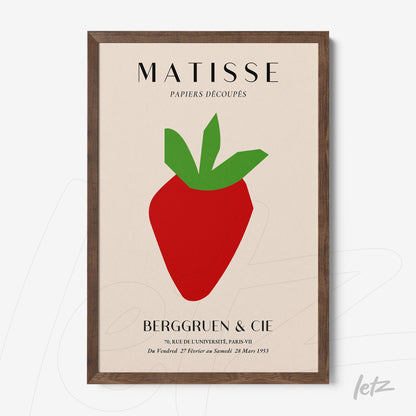 framed modern art print of a stylized strawberry with dark wooden frame