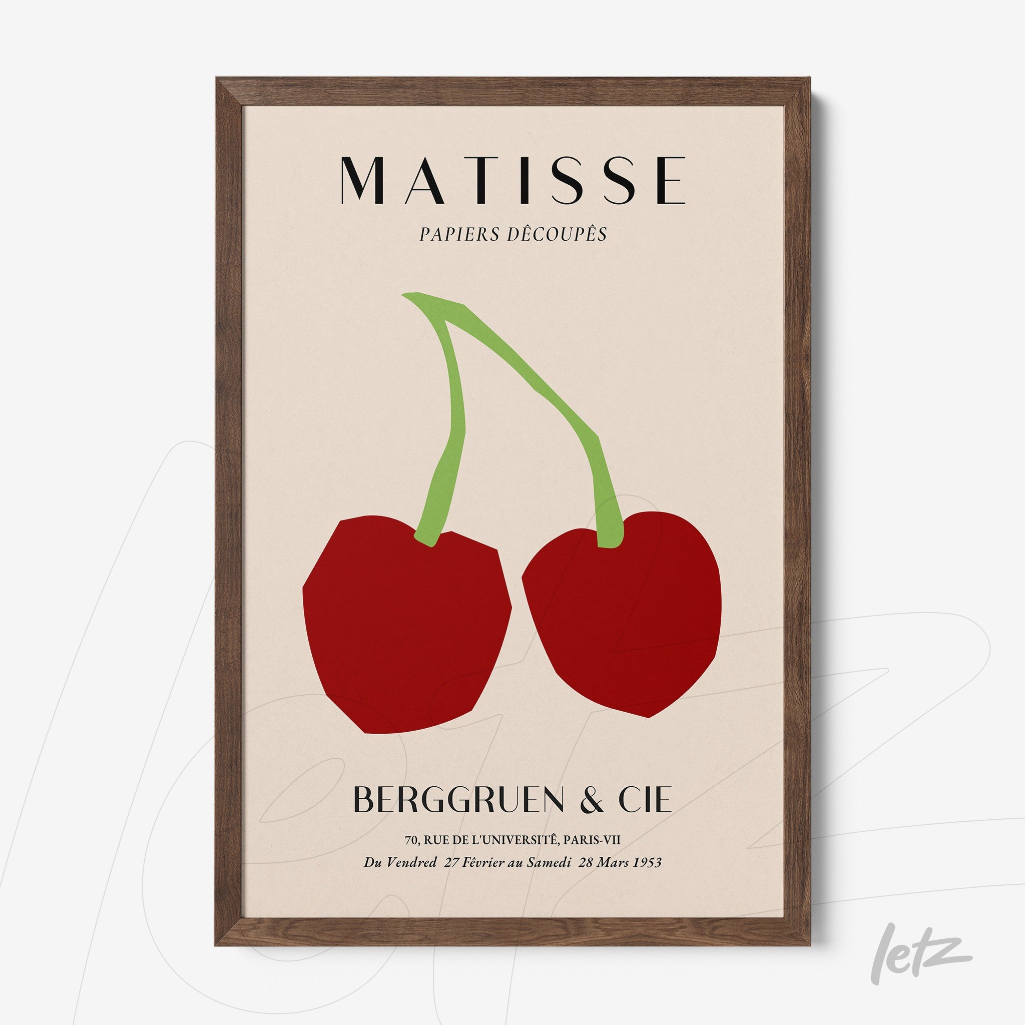 decorative wall art featuring modern illustration of two red cherries on beige background with dark wooden frame