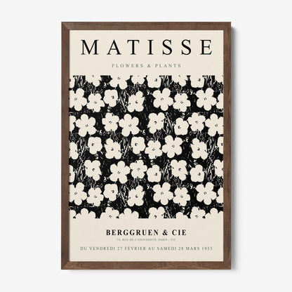 retro style framed wall art featuring floral pattern in black and white with dark wood frame