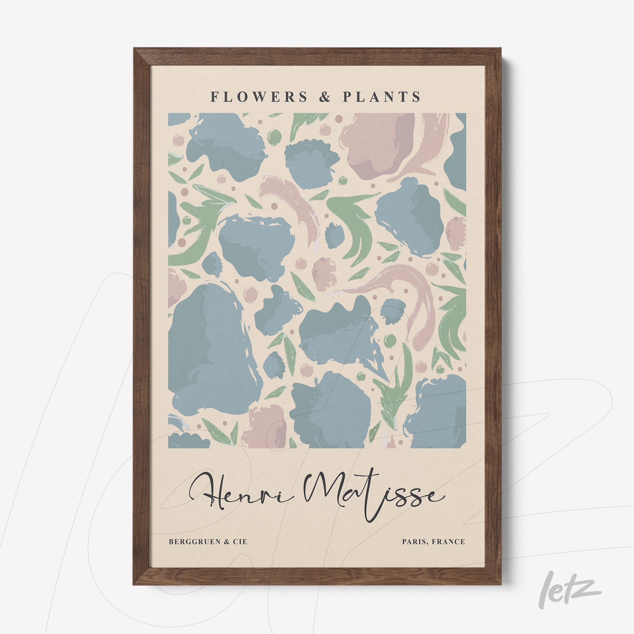framed wall art featuring abstract flower patterns in shades of blue and pink on a light background with dark wood frame