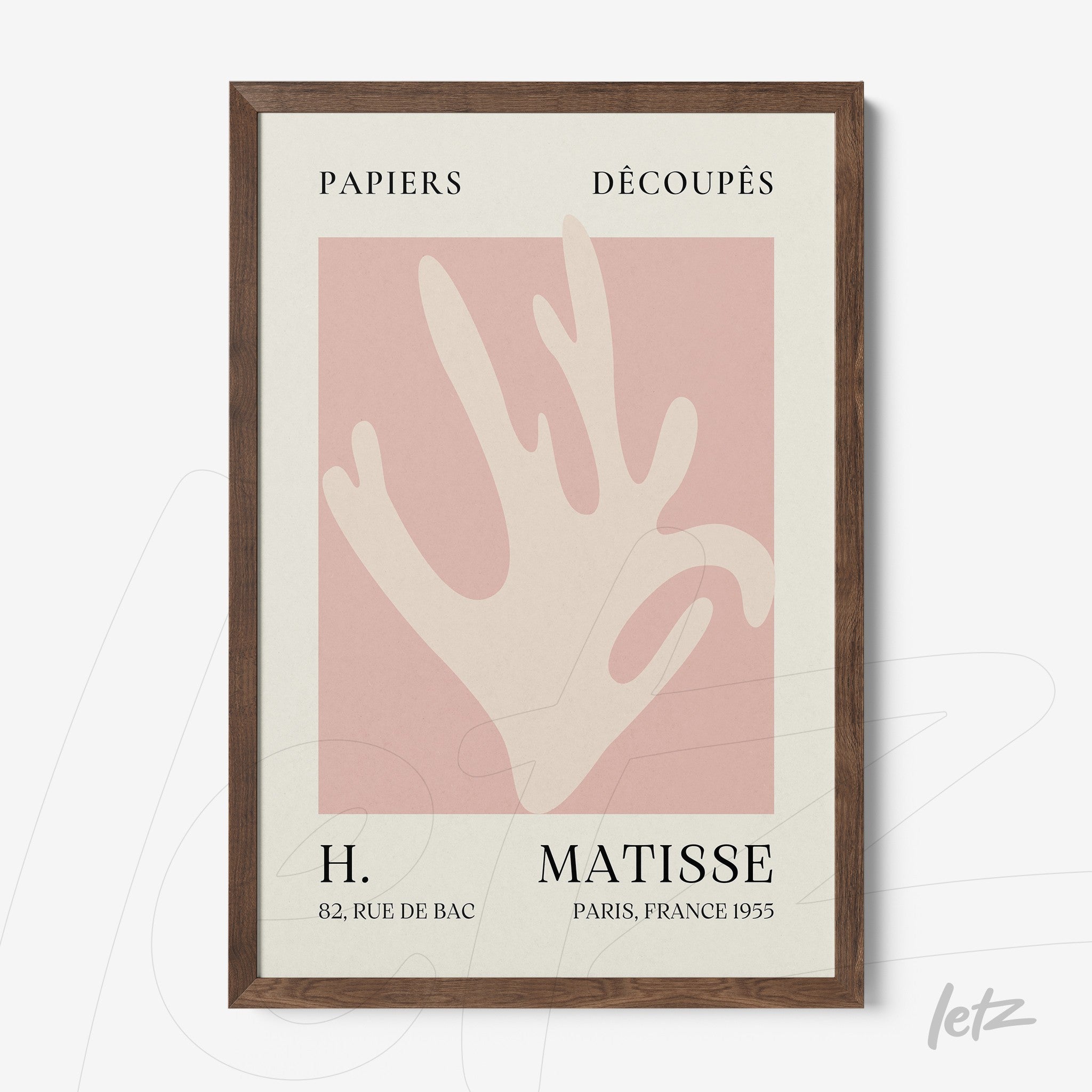 framed artwork featuring minimalist design in pastel tones, depicting a stylized hand on a light background with a dark wooden frame