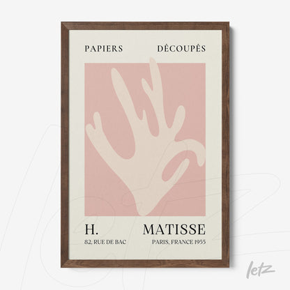 framed artwork featuring minimalist design in pastel tones, depicting a stylized hand on a light background with a dark wooden frame