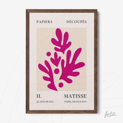 modern artwork in shades of pink inspired by Matisse with dark wooden frame