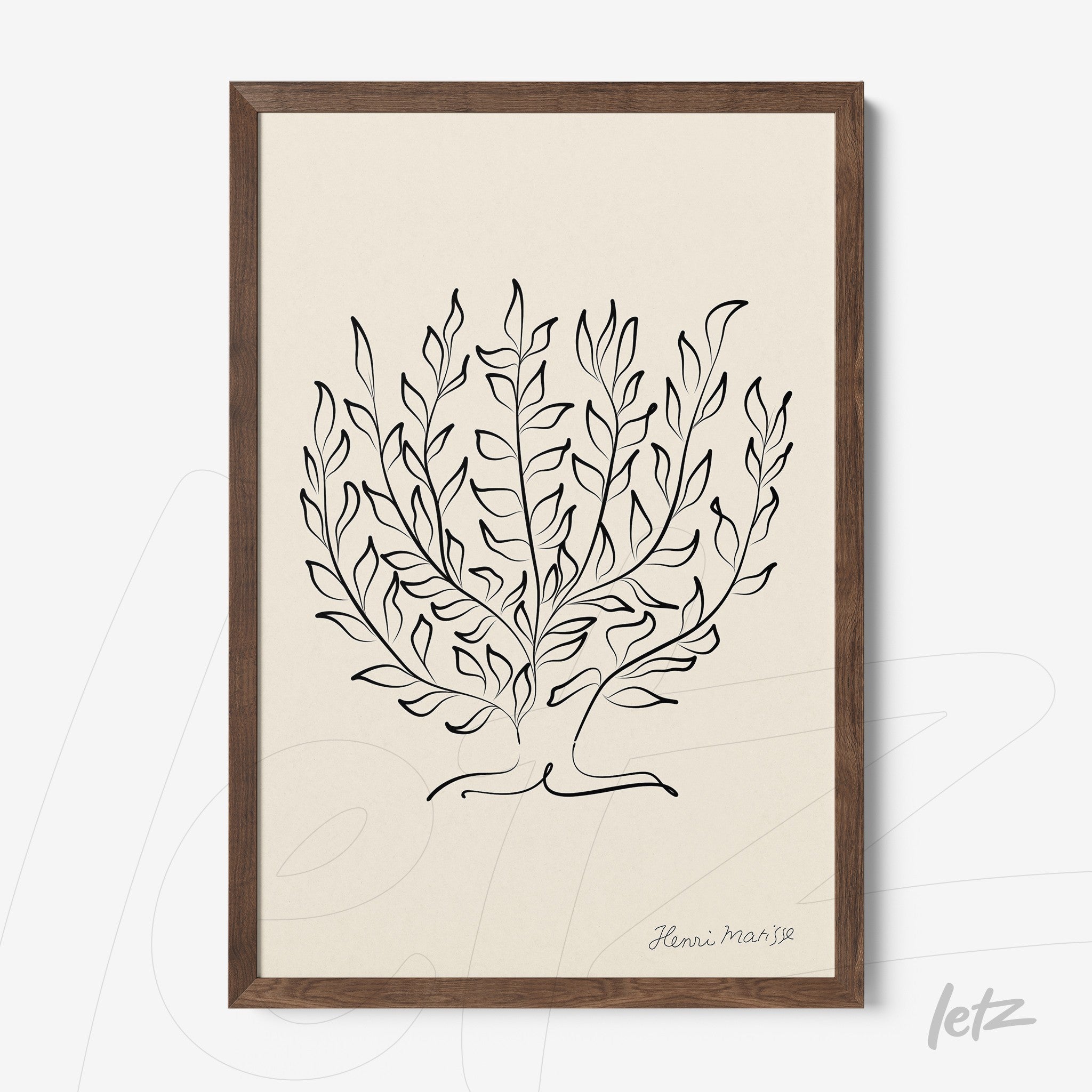 decorative wall art featuring minimalist foliage drawing in dark wood frame