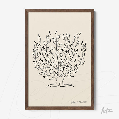 decorative wall art featuring minimalist foliage drawing in dark wood frame