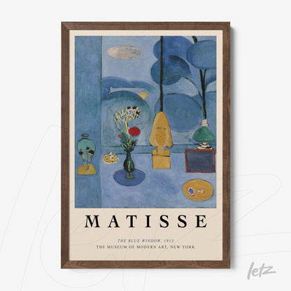 framed modern artwork by Matisse featuring a blue window with dark wood frame