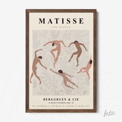 framed retro style artwork featuring dancing nude figures on a light background with dark wood frame