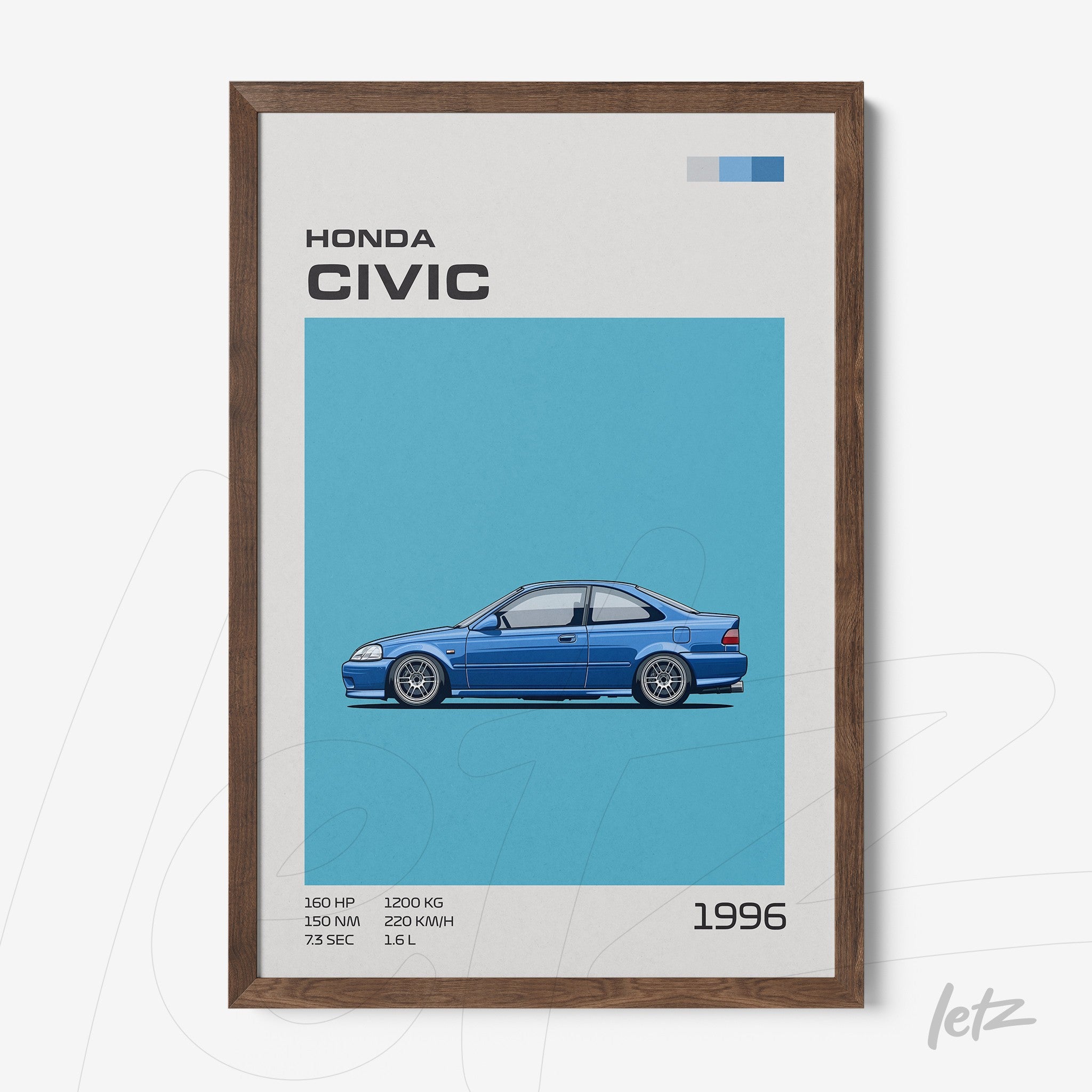 framed wall art featuring a 1996 Honda Civic illustration in dark wood frame against a light blue background