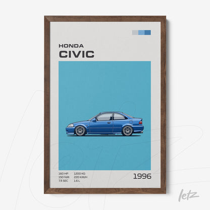 framed wall art featuring a 1996 Honda Civic illustration in dark wood frame against a light blue background
