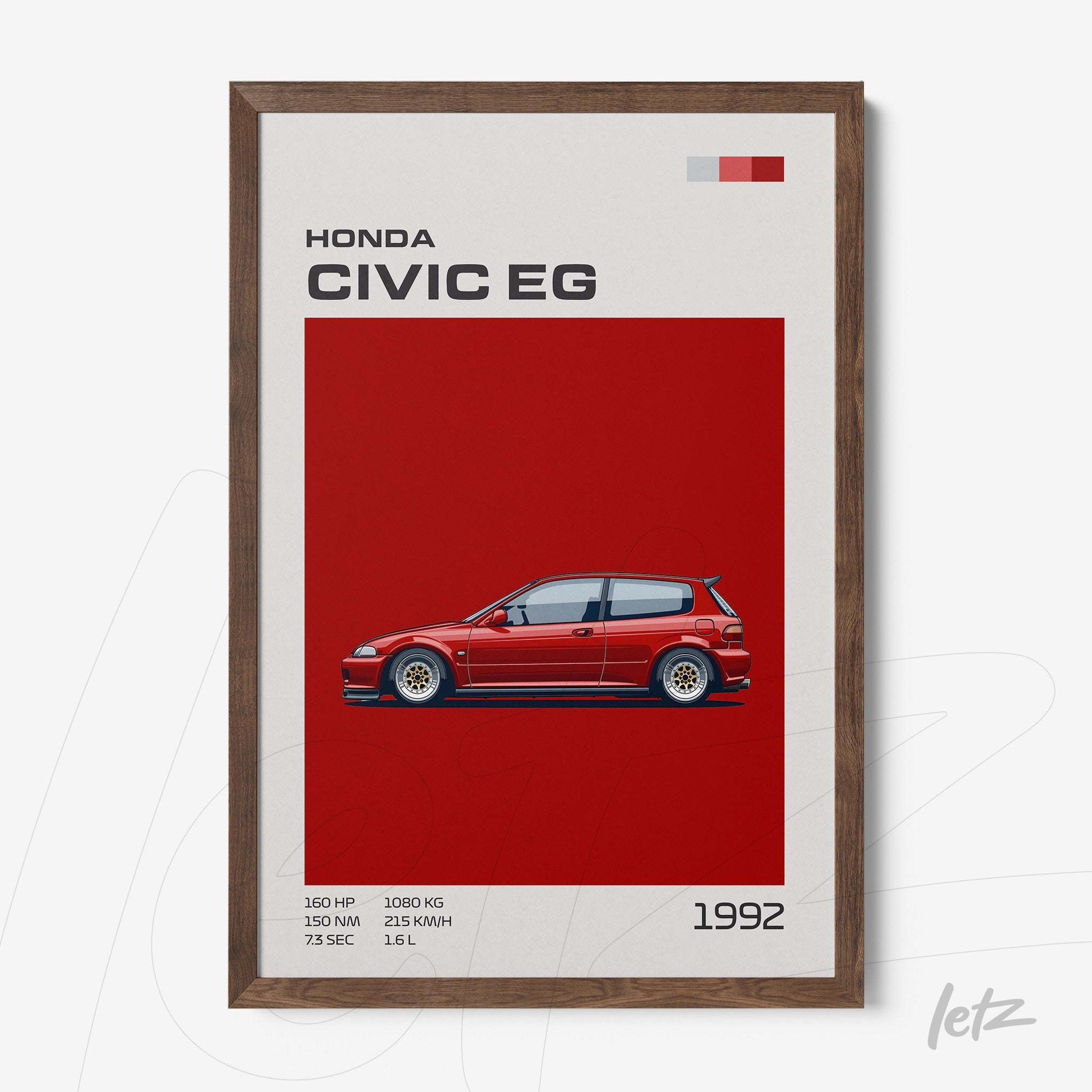 framed wall art featuring a digital illustration of a honda civic eg on a red background with a dark wood frame
