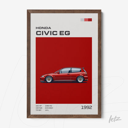 framed wall art featuring a digital illustration of a honda civic eg on a red background with a dark wood frame