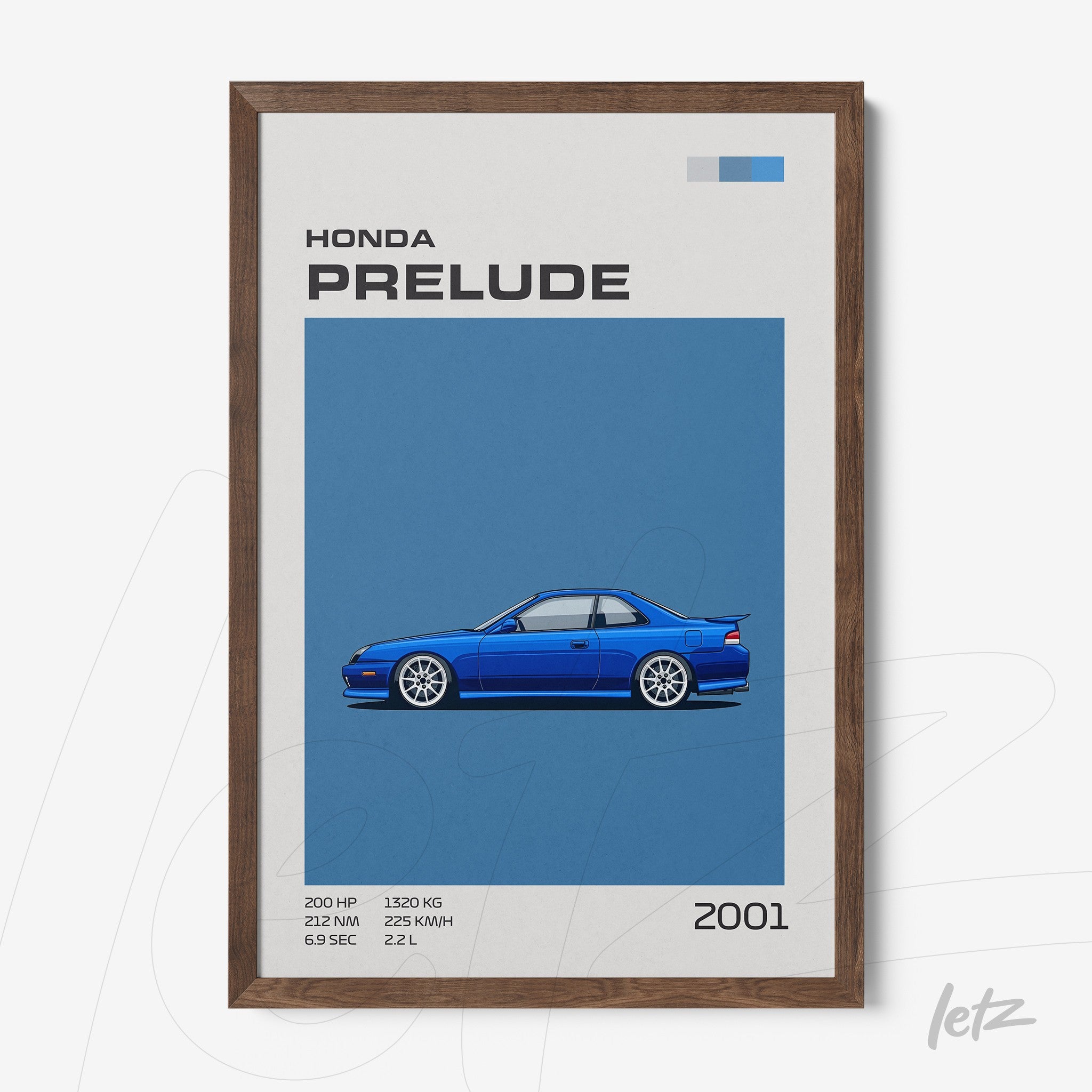 framed wall art featuring a digital illustration of the 2001 Honda Prelude on a blue background with dark wood frame