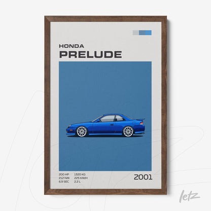 framed wall art featuring a digital illustration of the 2001 Honda Prelude on a blue background with dark wood frame