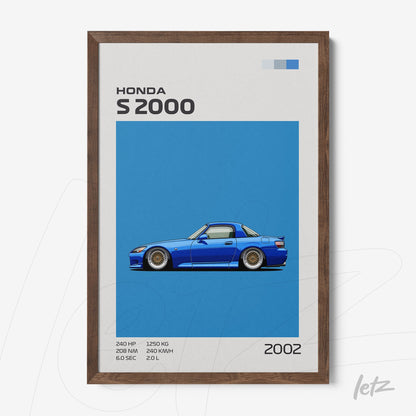 framed wall art featuring a digital illustration of Honda S2000 with dark wood frame and vibrant blue background