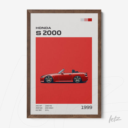 framed artwork featuring the Honda S2000 in vibrant red background with dark wood frame