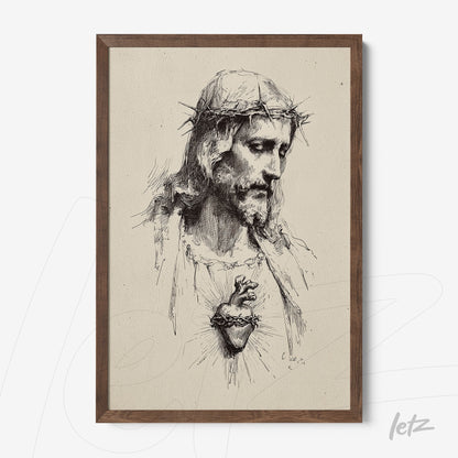 framed wall art with detailed illustration of sacred image of Jesus with thorns and exposed heart