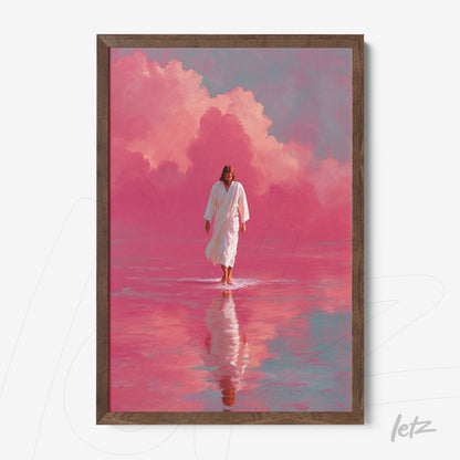 quadro com arte religiosa de Jesus caminhando sobre águas calmas sob céu rosa em moldura de madeira escura