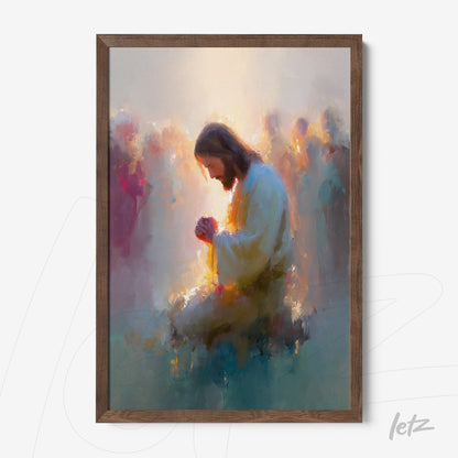 framed spiritual art depicting the figure of Jesus praying surrounded by a blurred crowd with a dark wooden frame