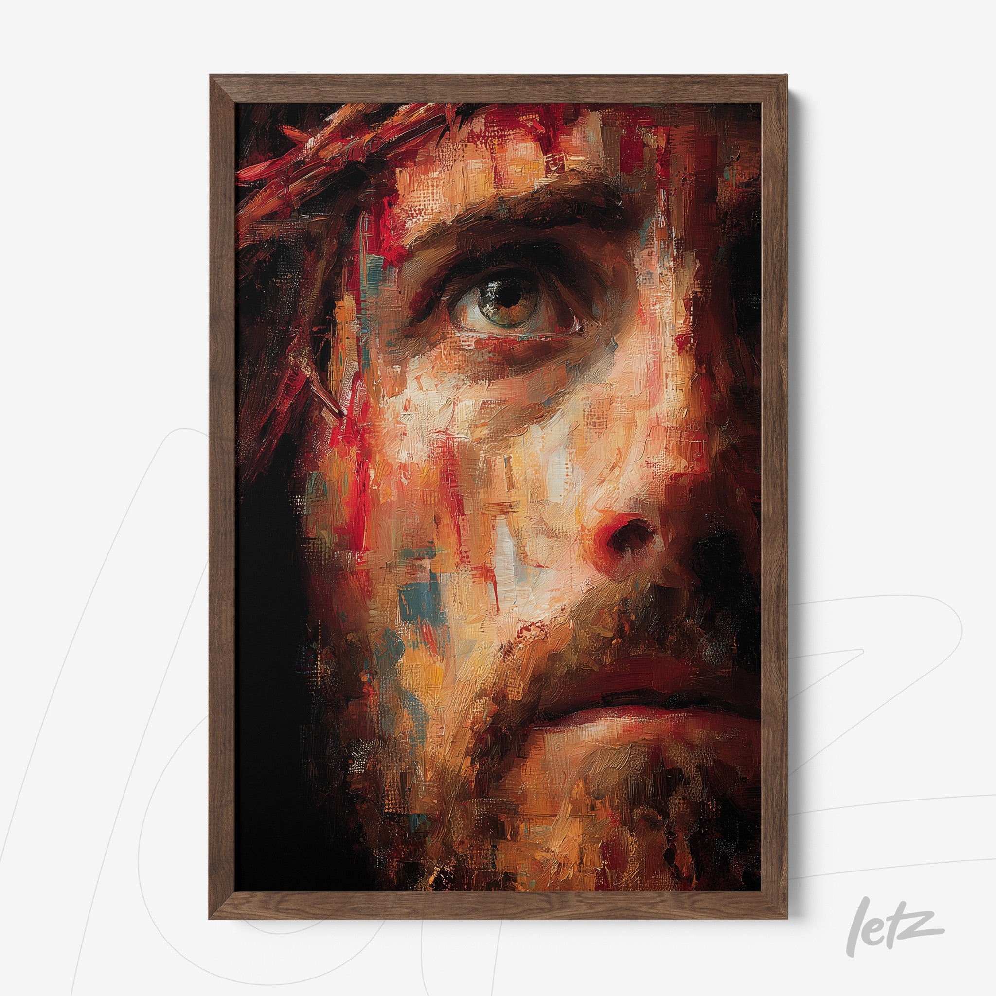 framed artwork depicting an emotional close-up of a man's intense face with a dark wood frame
