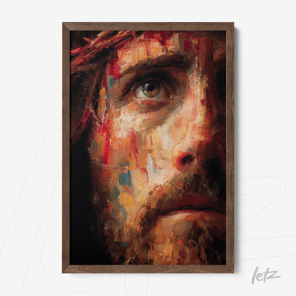 framed artwork depicting an emotional close-up of a man's intense face with a dark wood frame
